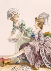 Elegant dame, der får sine fødder vasket af sin stuepige, graveret af Dupin, tallerken fra 